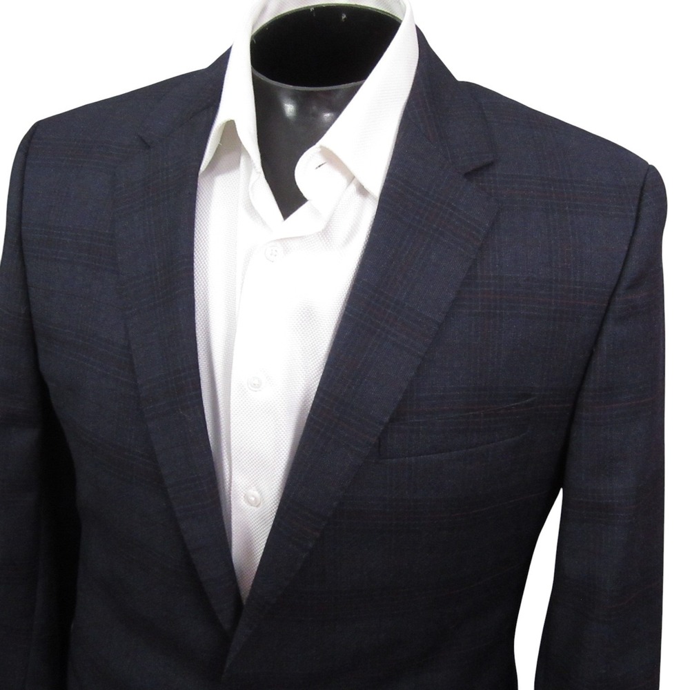 Hugo Boss Sport Coat 42L Navy Blue Windowpane Check Wool Double Vent